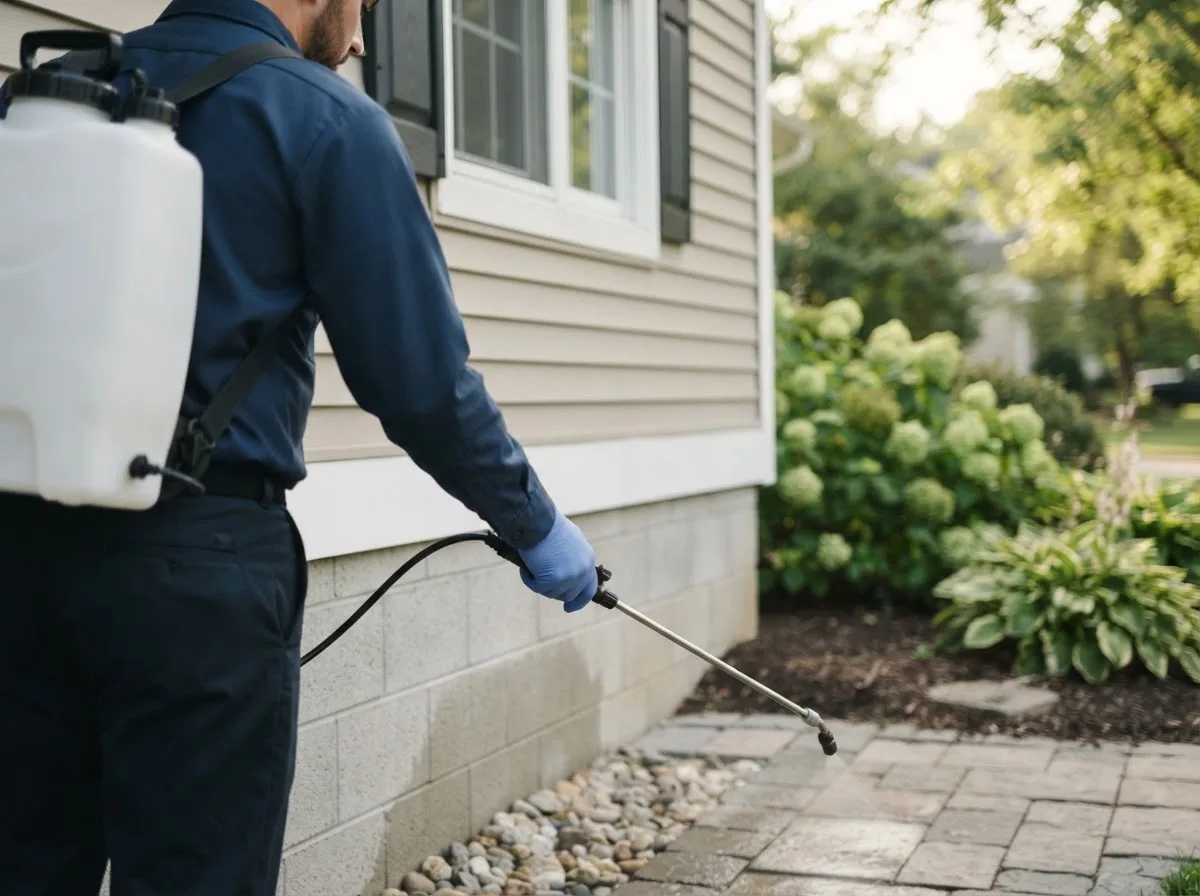 Pest control technician inspecting a home in Chireno, TX